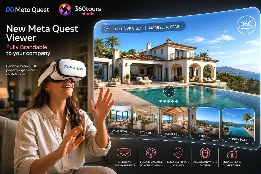 A buyer wearing a Meta Quest headset exploring a property through the 360 Tours Studio VR viewer