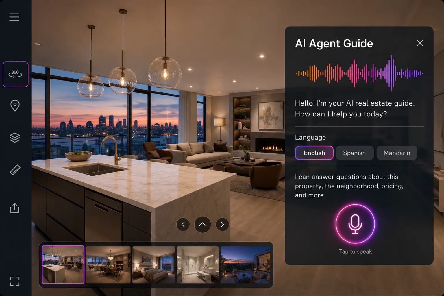 AI Agent Guide voice narration panel with waveform and language options inside a 360 tour