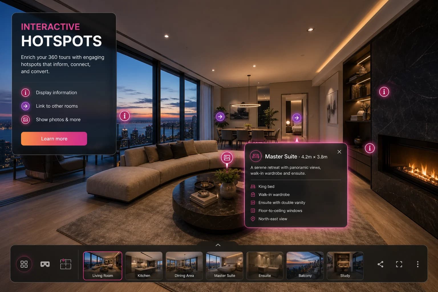 Interactive hotspot markers and info pop-ups inside a 360 virtual tour of a luxury living room