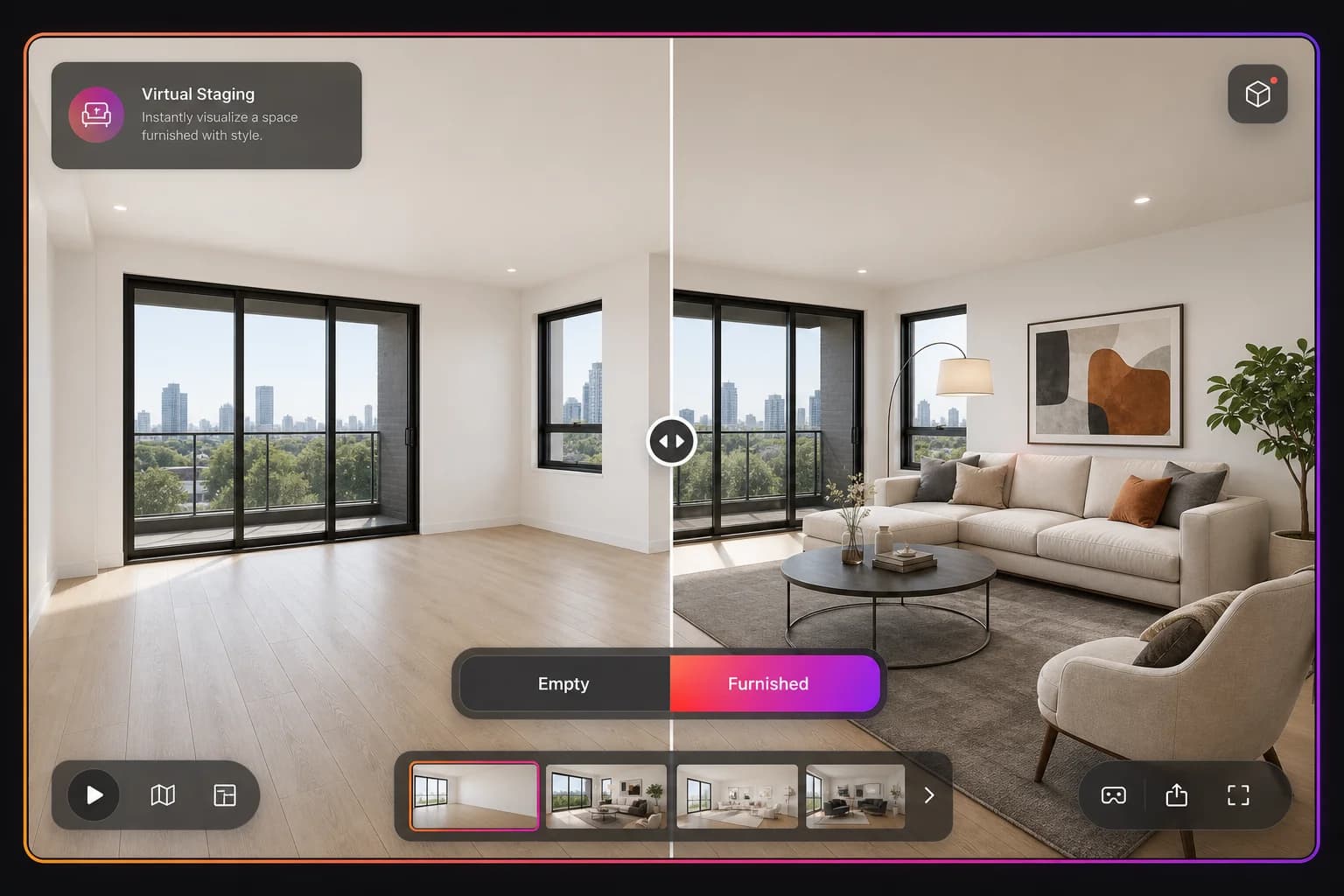 Before and after virtual staging toggle showing an empty room and a furnished living room in a 360 tour